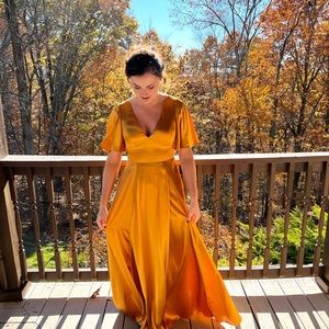 David’s bridal marigold charmeuse flutter sleeve A-line dress